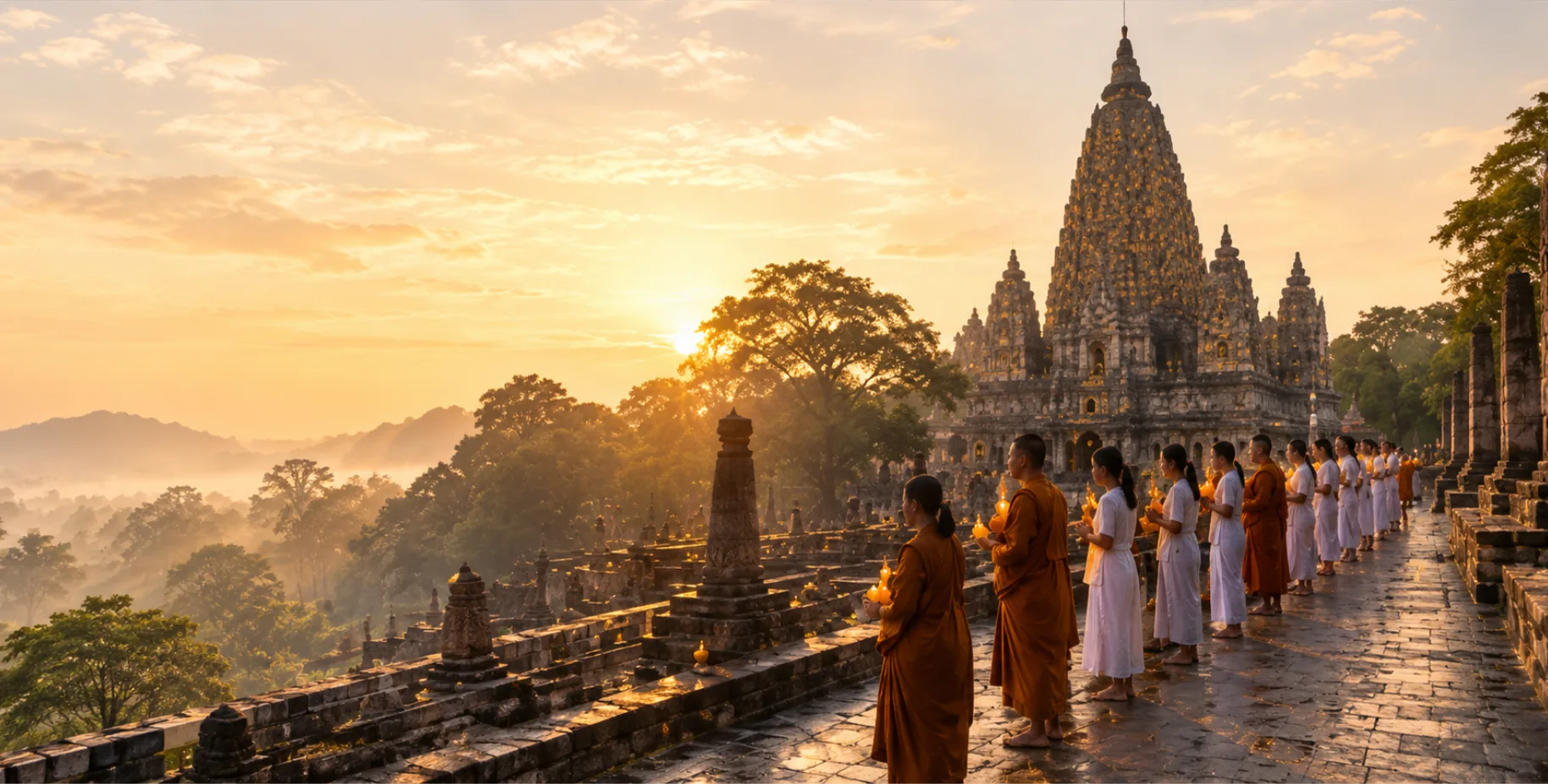 Pilgrims carrying candles at the Mahabodhi Temple in Bodh Gaya at sunrise